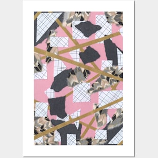 Feathers and Frays - Pink, Gold, Black, White - Abstract Mixed Torn Paper Collage Posters and Art